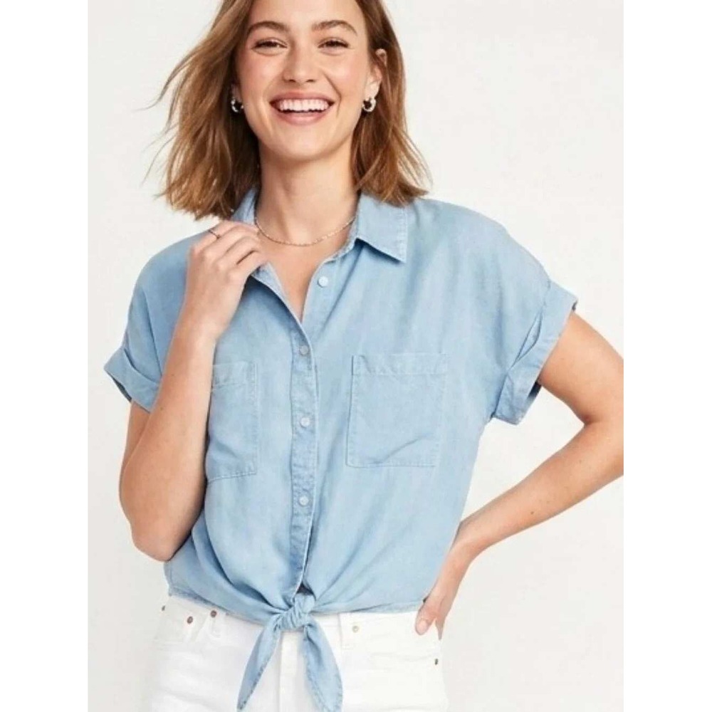 Sim‎ & Sam Blouse Womens Medium Blue Front Tie Button V-Neck Coastal Boho